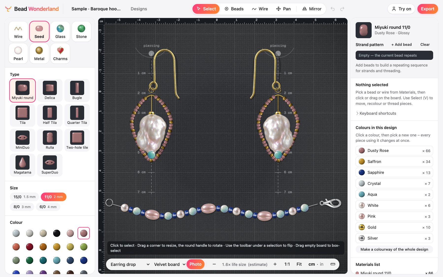 The Bead Wonderland designer: a bead library on the left, a pair of beaded earrings and a strand on the velvet board, and the colour and materials panel on the right