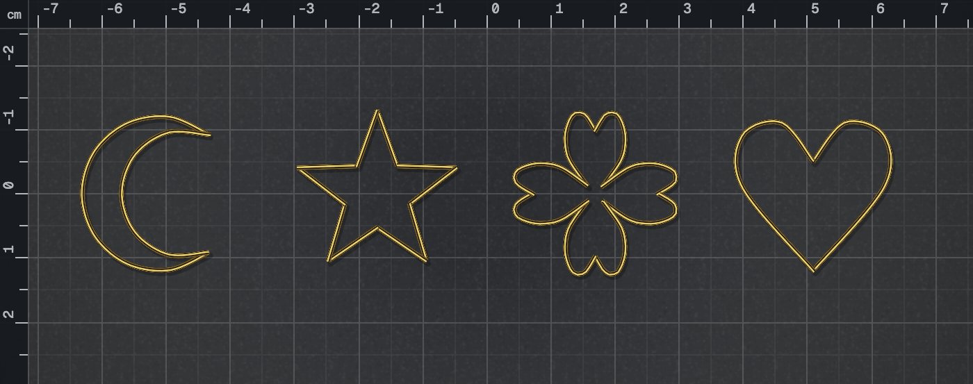 Gold wire crescent moon, star, four-leaf clover and heart shapes
