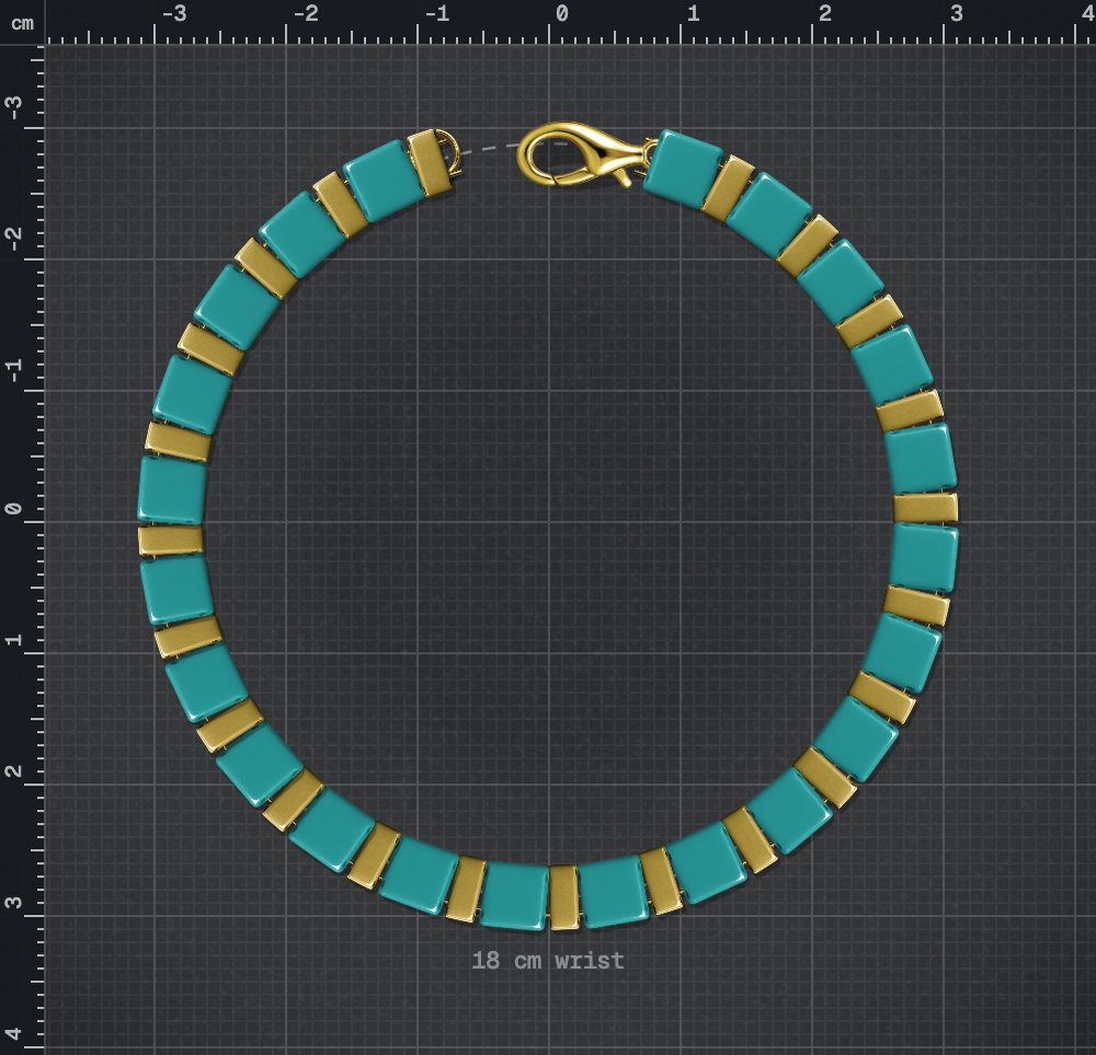 A bracelet of teal Tila and gold Half Tila beads on a two-strand base