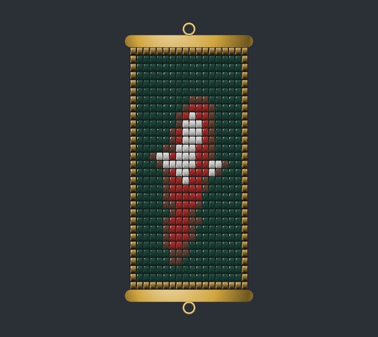 A loom earring panel with a koi fish pattern and gold end bars
